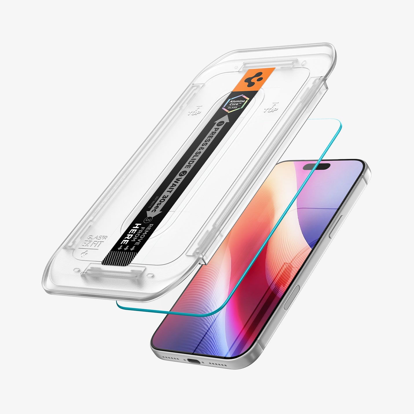 AGL07907 -  iPhone 18 Pro Max / iPhone 17 Pro Max GLAS.tR EZ Fit | Sensor Protected showing a screen protector aligned with the installation tray for easy application.