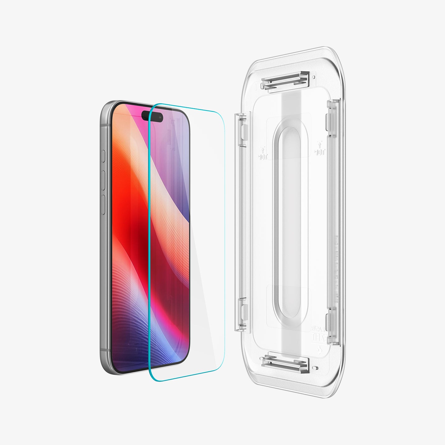 AGL07907 -  iPhone 18 Pro Max / iPhone 17 Pro Max GLAS.tR EZ Fit | Sensor Protected showing a screen protector positioned between the device and installation tray.