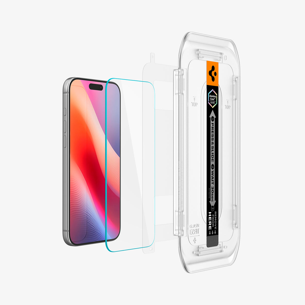 AGL07907 -  iPhone 18 Pro Max / iPhone 17 Pro Max GLAS.tR EZ Fit | Sensor Protected showing the screen protector, protective layer, and installation tray aligned for application.