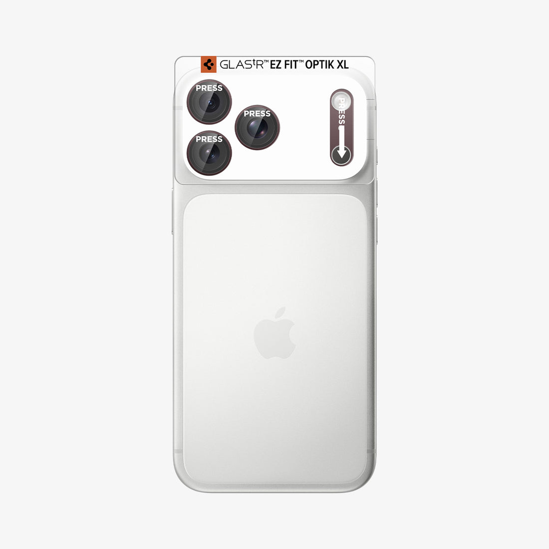 AGL12040 - iPhone 18 Pro Max Optik Pro XL EZ Fit Lens Protector in Dark Cherry showing an alignment tray positioned over the camera area for precise installation.