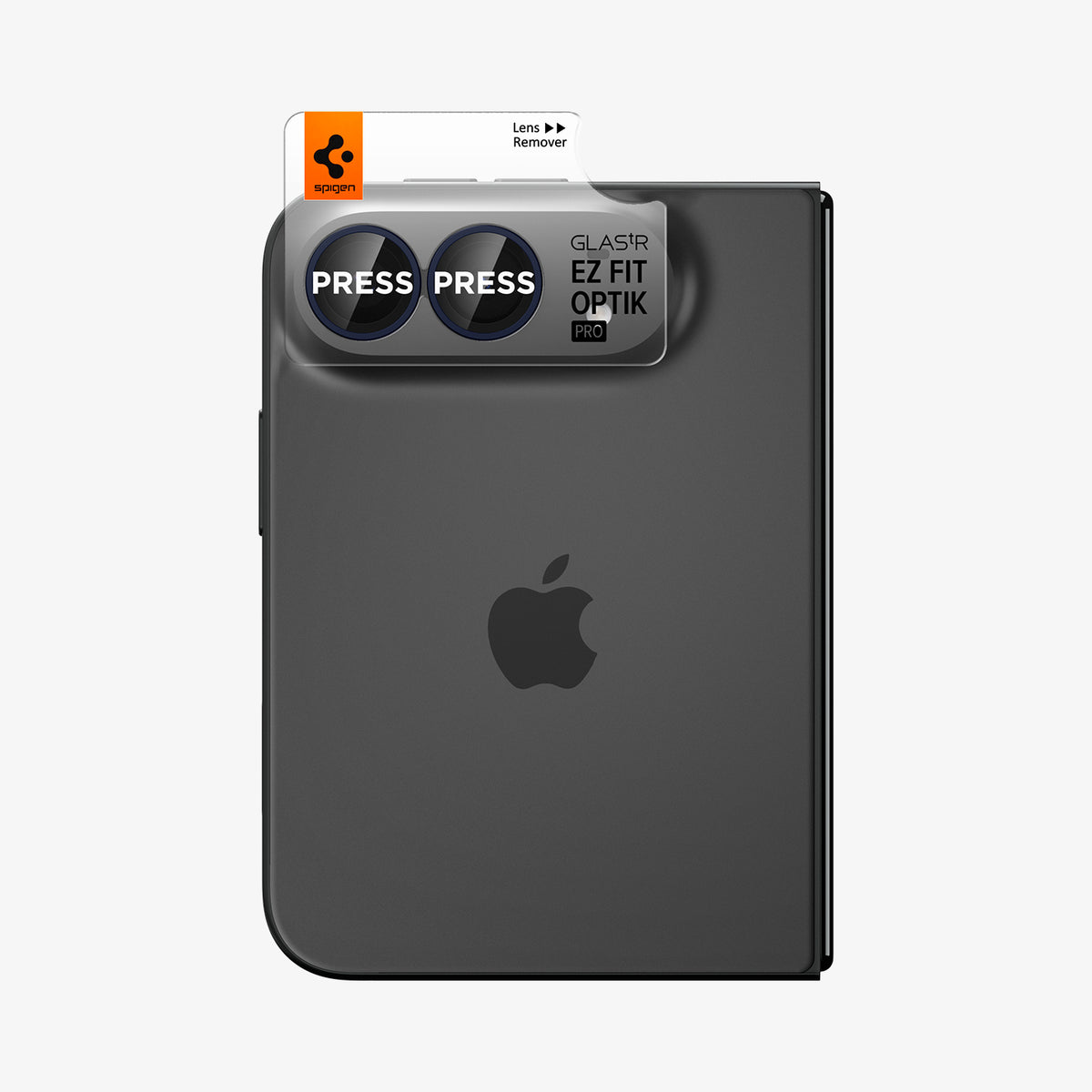 AGL12011 - iPhone Duo Optik Pro EZ Fit Lens Protector in Night Sky showing the EZ Fit Optik Pro alignment tray positioned over the dual camera lenses