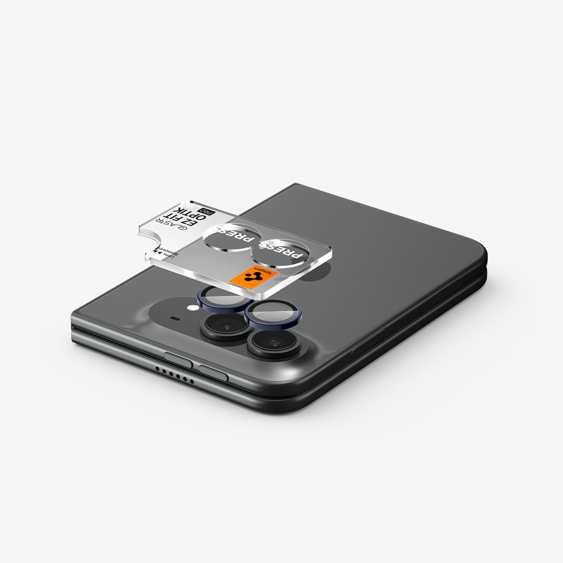 AGL12011 - iPhone Duo Optik Pro EZ Fit Lens Protector in Night Sky showing the EZ Fit Optik Pro tray aligned above the camera lenses for easy installation