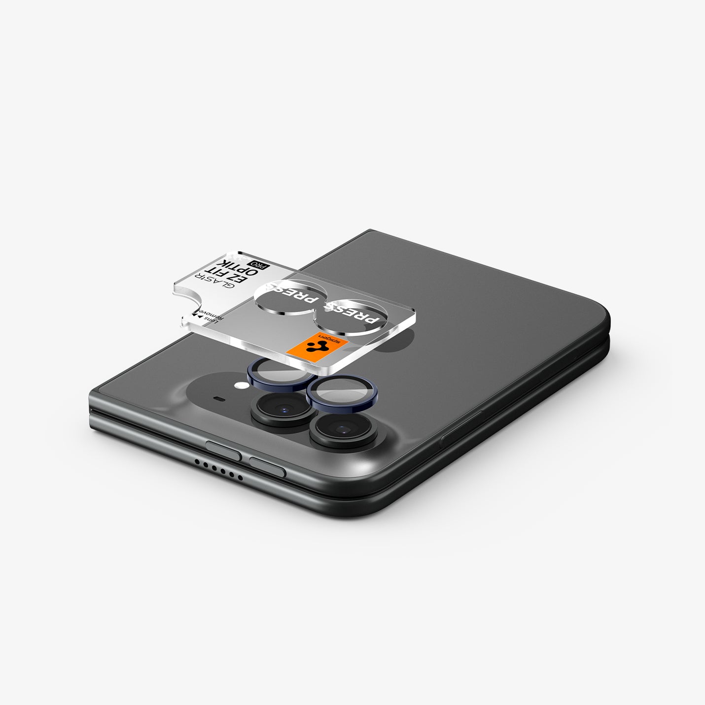 AGL12011 - iPhone Duo Optik Pro EZ Fit Lens Protector in Night Sky showing the EZ Fit Optik Pro tray aligned above the camera lenses for easy installation