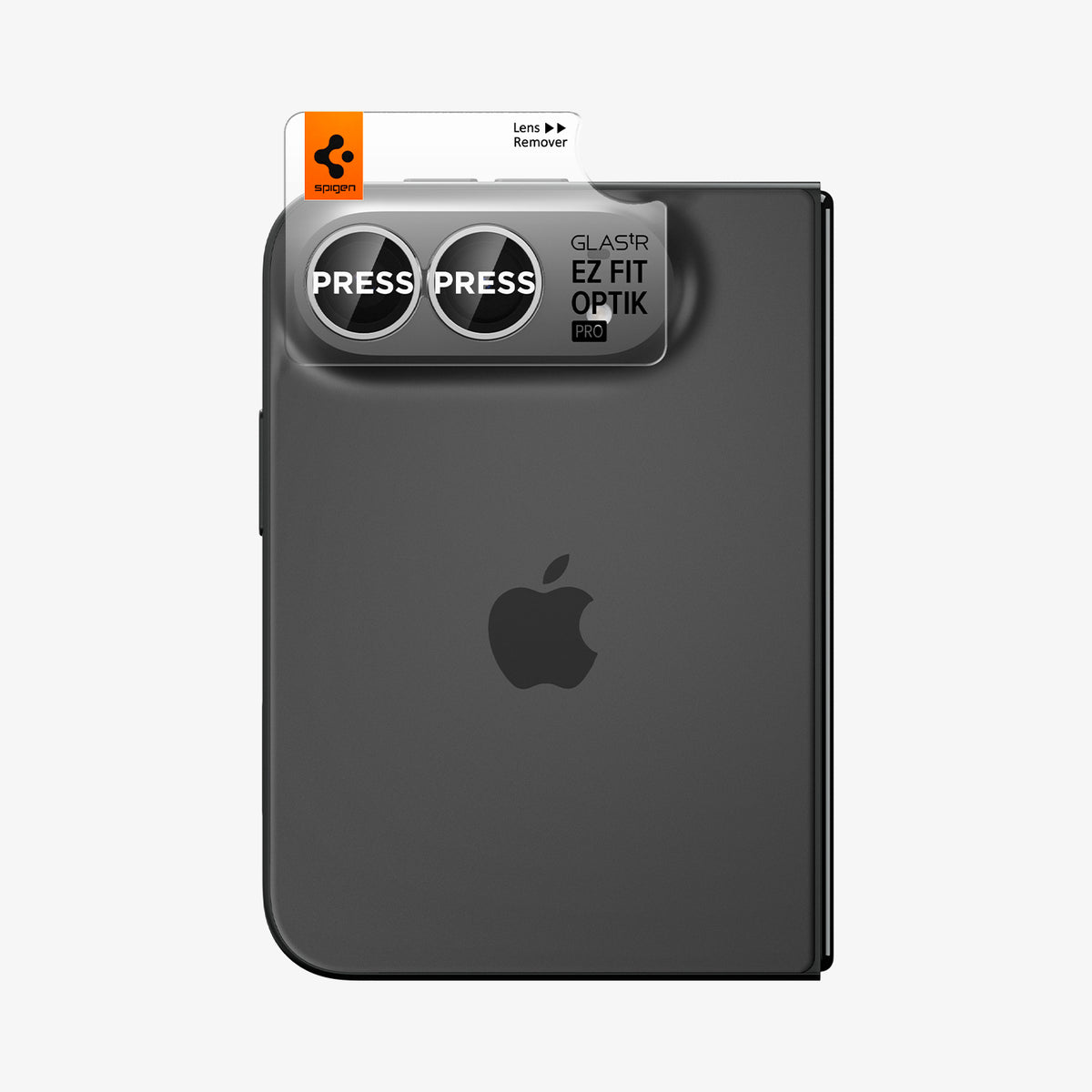 AGL12012 - iPhone Duo Optik Pro EZ Fit Lens Protector in Star White showing the EZ Fit Optik Pro alignment tray positioned over the dual camera lenses