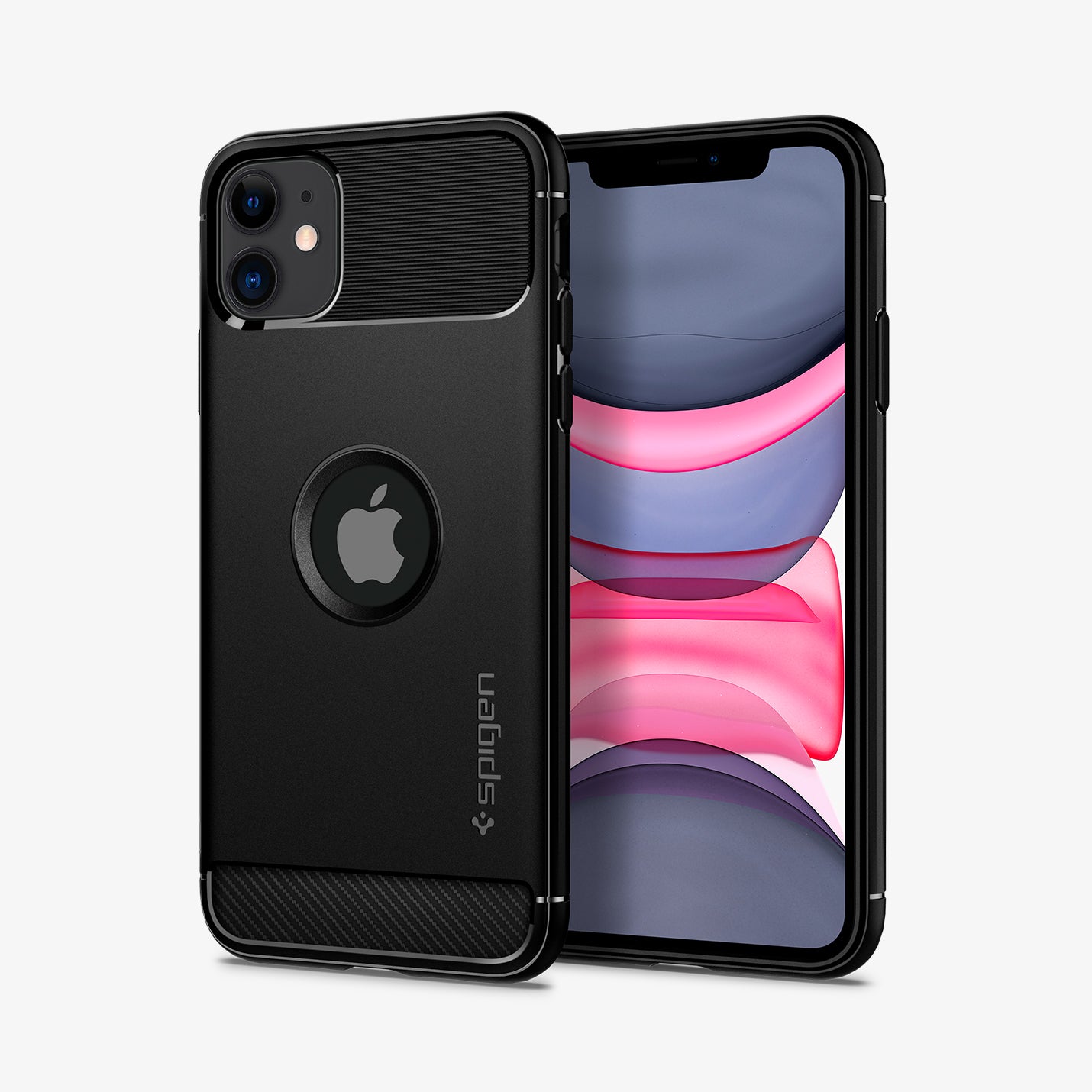 076CS27183 - iPhone 11 Case Rugged Armor in Matte Black showing the back, partial side next to it, a device showing front and partial side