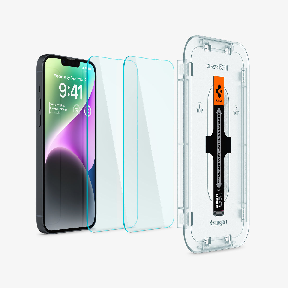 AGL03386 - iPhone 14 Screen Protector EZ FIT GLAS.tR (Sensor Protection)  showing the ez fit tray, film, screen protector and device