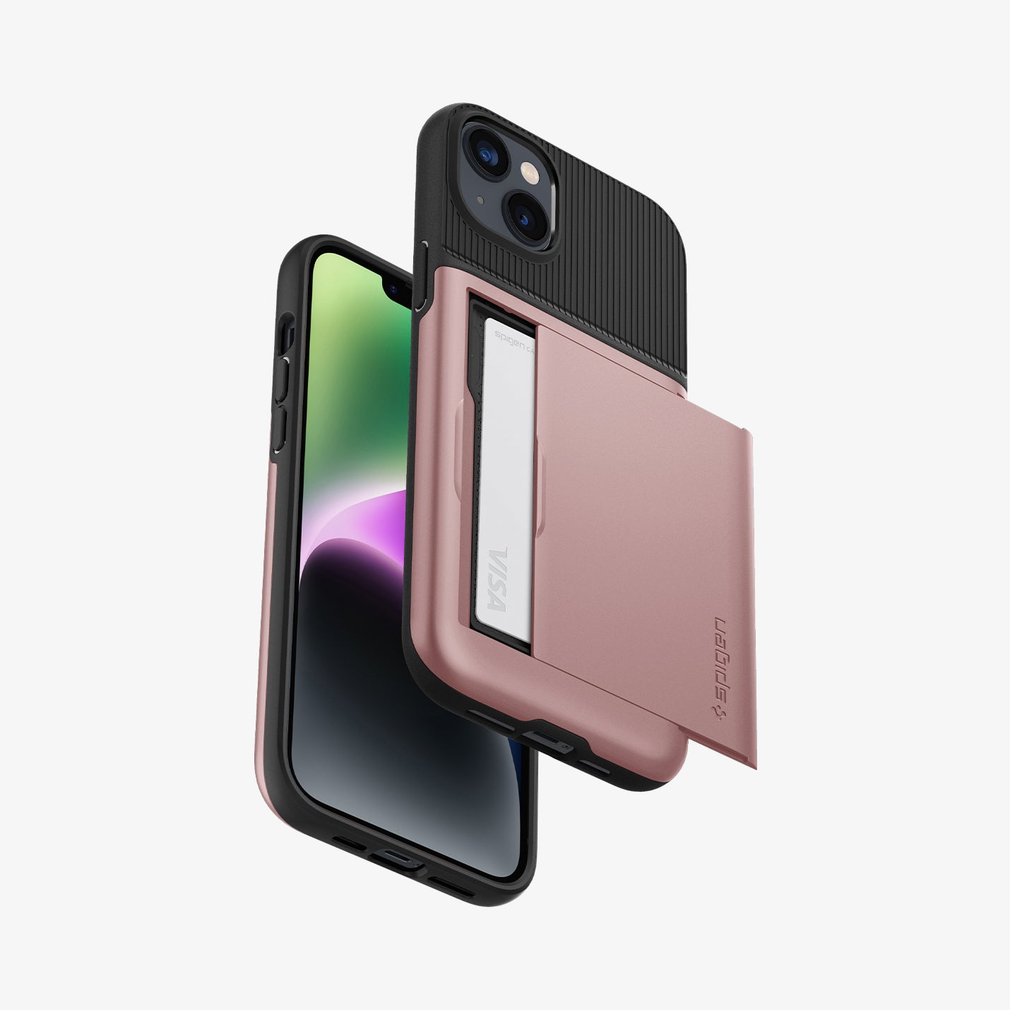 ACS04912 - iPhone 14 Plus Case Slim Armor CS in rose gold showing the back, bottom, sides and front with card in slot
