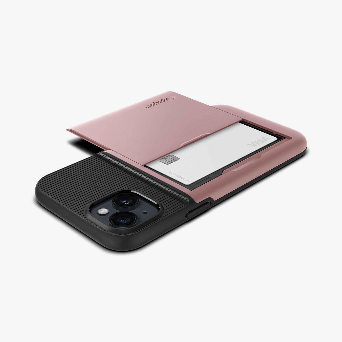 ACS04912 - iPhone 14 Plus Case Slim Armor CS in rose gold showing the back and side with card in slot and device laying flat