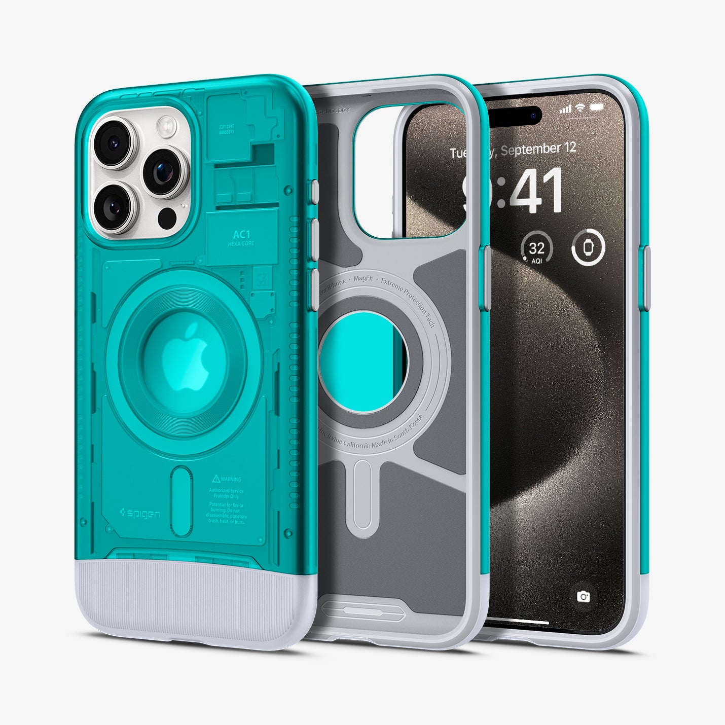 SPBD240004 - iPhone 15 Pro Case Classic C1 Bundle (MagFit) in Bondi Blue showing the sides, back, in the middle, showing inner of the case, and next partial front