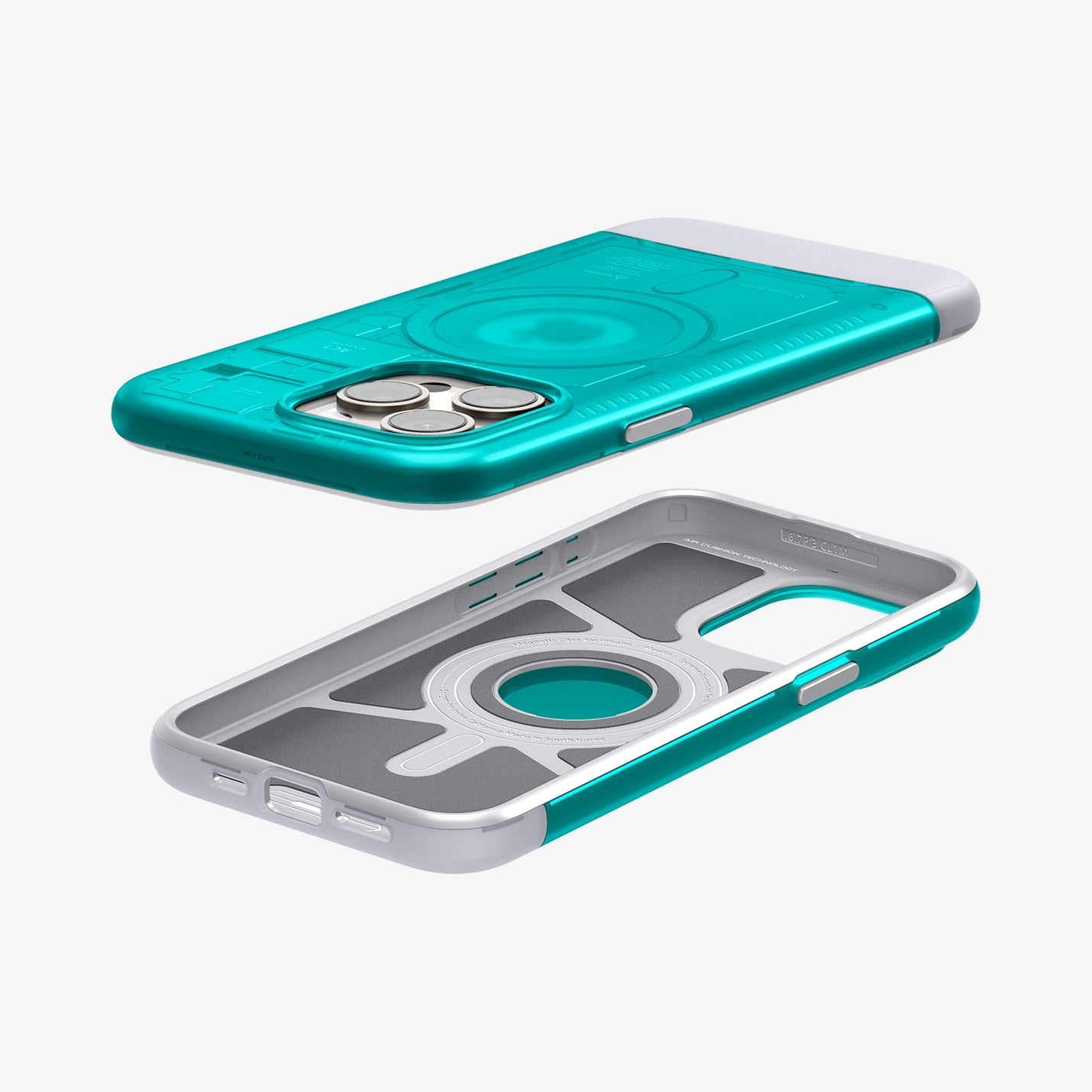 SPBD240004 - iPhone 15 Pro Case Classic C1 Bundle (MagFit) in Bondi Blue showing the back, sides hovering above showing inner, bottom and sides of the case