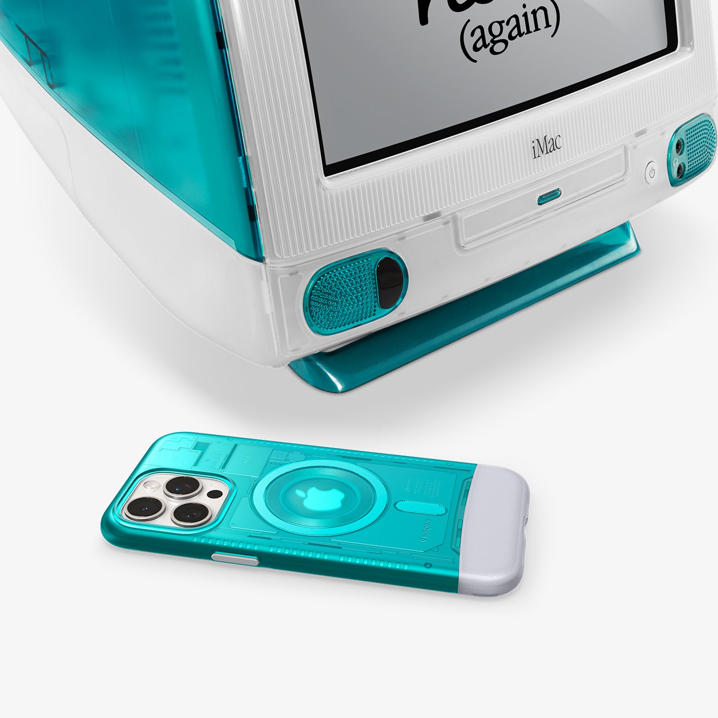 SPBD240004 - iPhone 15 Pro Case Classic C1 Bundle (MagFit) in Bondi Blue showing the back and partial side beside an iMac device