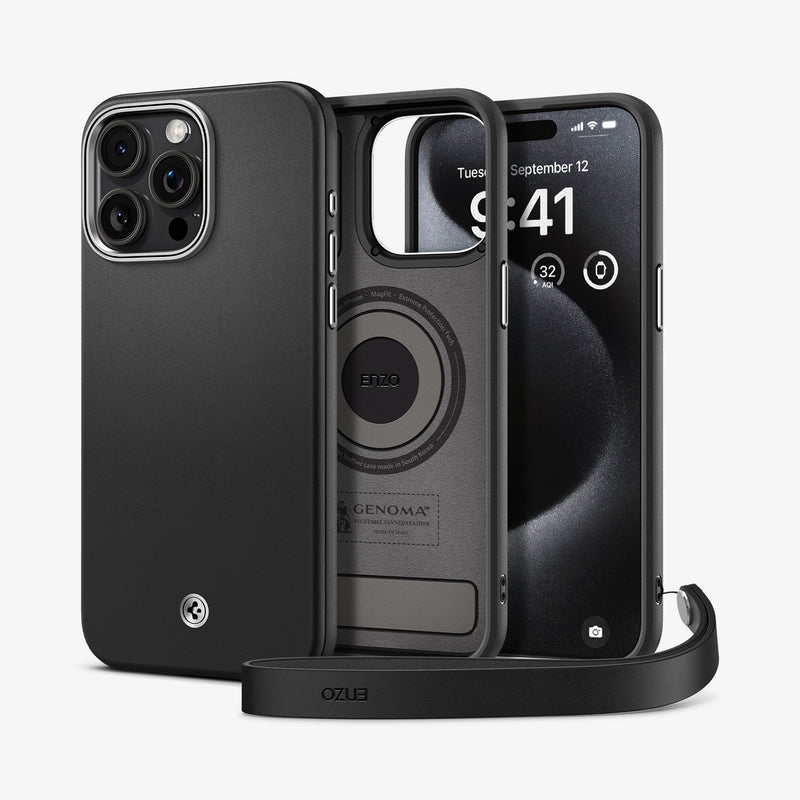 ACS06601 - iPhone 15 Pro Max Case Enzo (MagFit) in black showing the back, inside and front