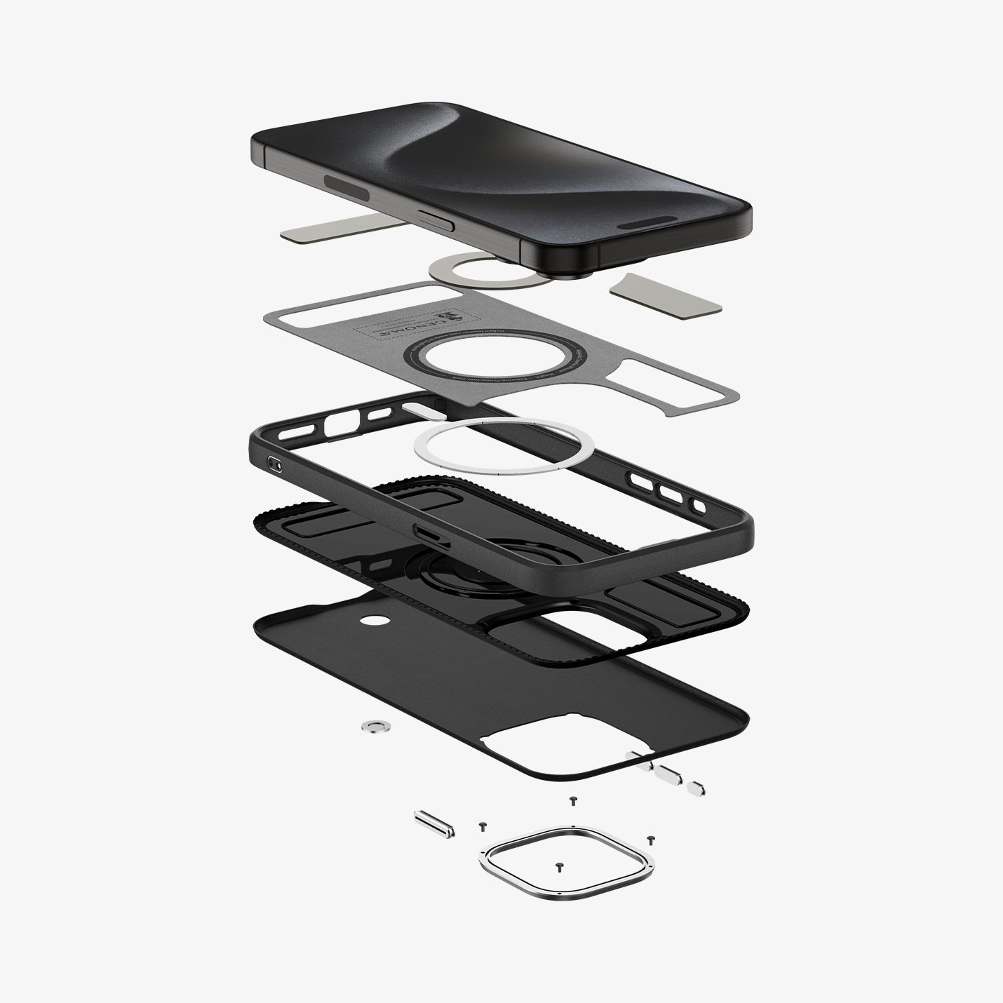 ACS06601 - iPhone 15 Pro Max Case Enzo (MagFit) in black showing the multiple layers of case hovering below the device