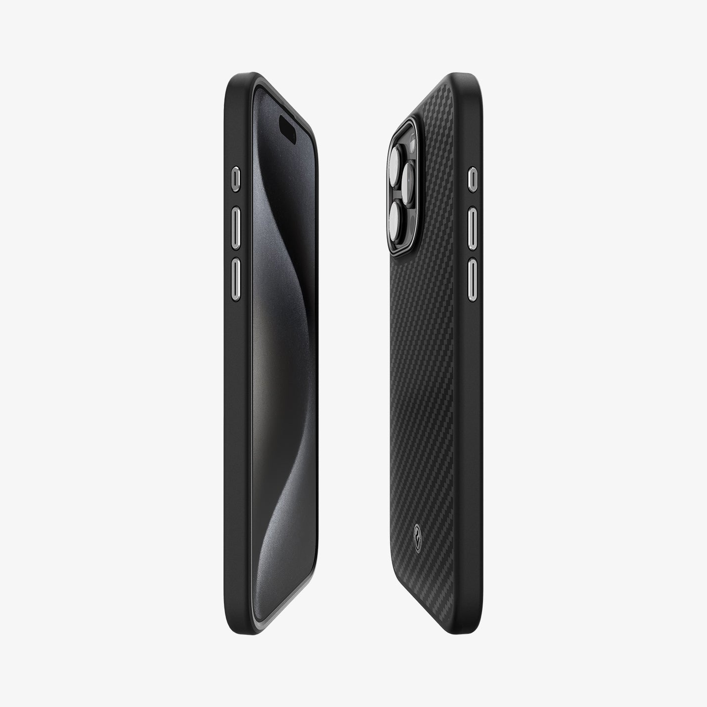 ACS07044 - iPhone 15 Pro Max Case Enzo Aramid (MagFit) in matte black showing the sides, partial front and back