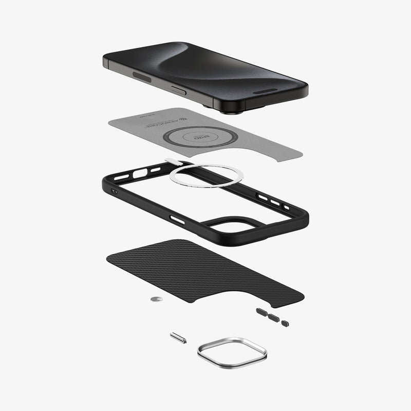 ACS07044 - iPhone 15 Pro Max Case Enzo Aramid (MagFit) in matte black showing the multiple layers of case hovering below the device