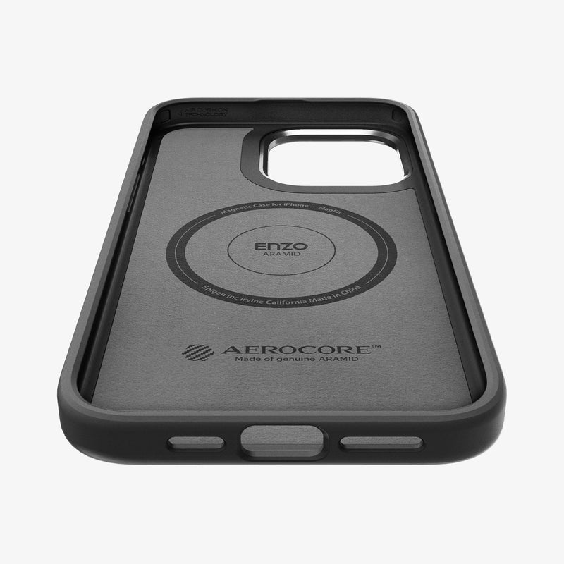 ACS07044 - iPhone 15 Pro Max Case Enzo Aramid (MagFit) in matte black showing the inside and bottom of case