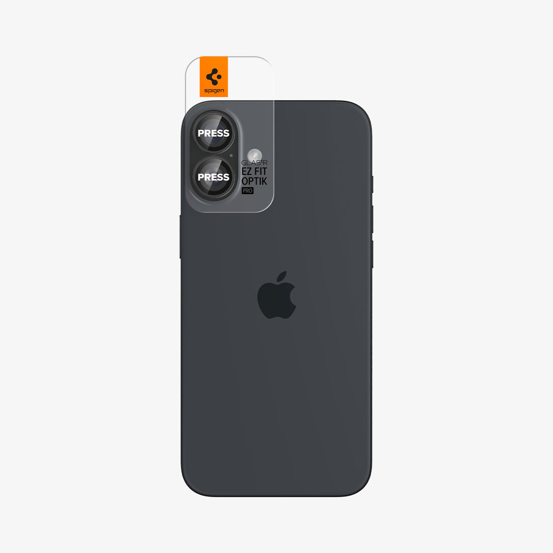 AGL07921 - iPhone 16 Plus / iPhone 16 Optik Pro EZ Fit Lens Protector in Black showing the back and partial side with ez fit tray installed onto the camera lens