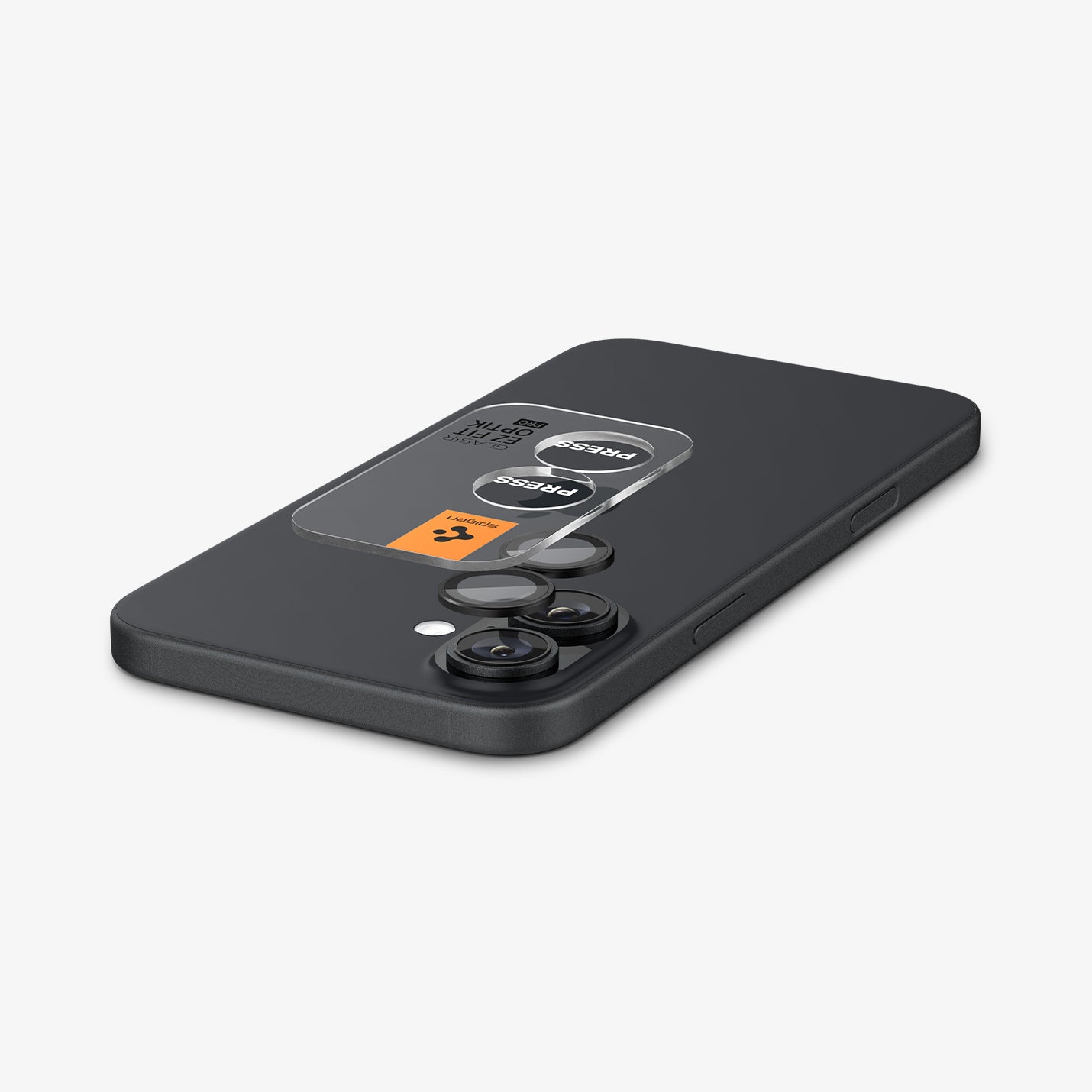 AGL07921 - iPhone 16 Plus / iPhone 16 Optik Pro EZ Fit Lens Protector in Black showing the ez fit tray and lens protector hovering above the camera lens