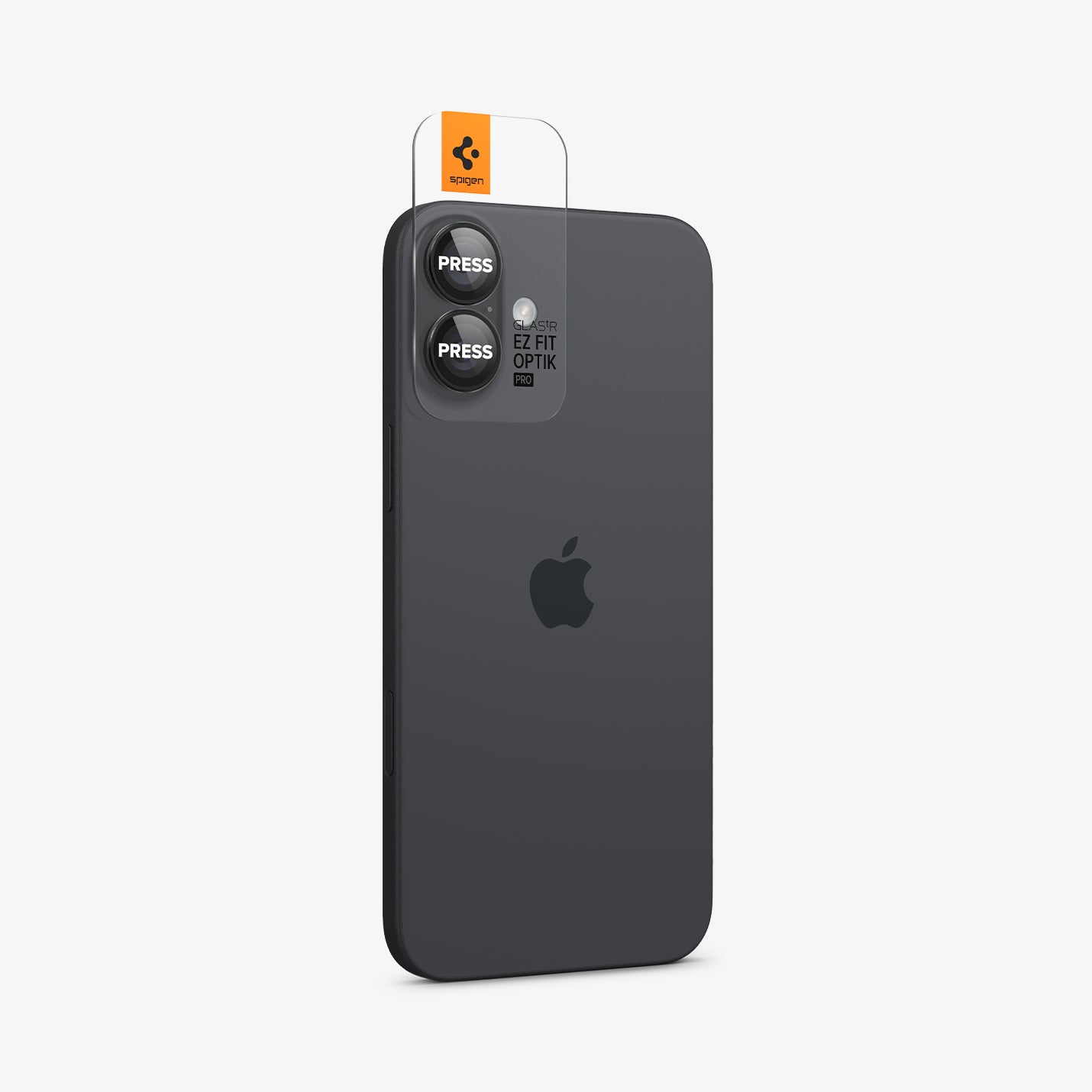 AGL07921 - iPhone 16 Plus / iPhone 16 Optik Pro EZ Fit Lens Protector in Black showing the back and partial side with ez fit tray installed onto the camera lens