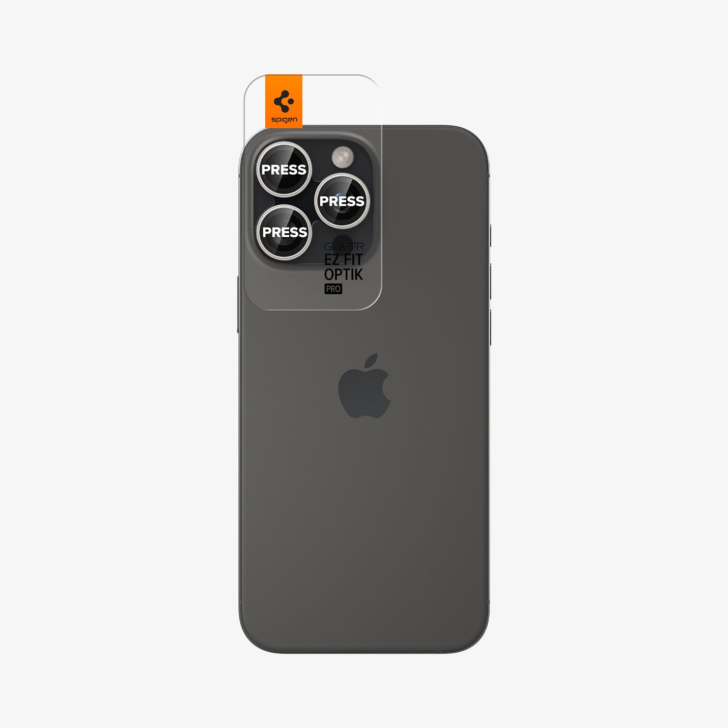 AGL08863 - iPhone 16 Pro Max / iPhone 16 Pro Optik Pro EZ Fit Lens Protector in Bright Silver showing the back and partial side with ez fit tray installed onto the camera lens