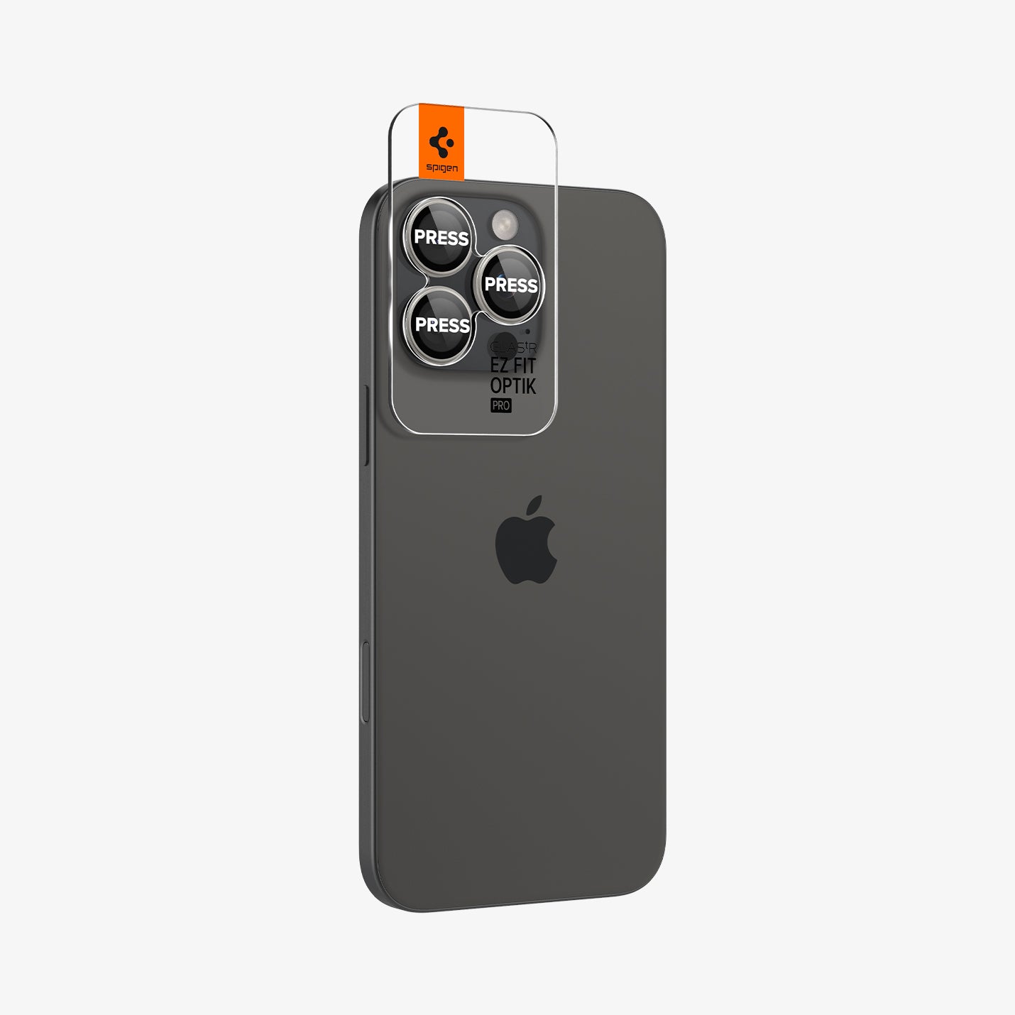 AGL08863 - iPhone 16 Pro Max / iPhone 16 Pro Optik Pro EZ Fit Lens Protector in Bright Silver showing the back with lens protector attached at the camera lens