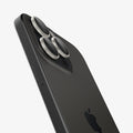 AGL08863 - iPhone 16 Pro Max / iPhone 16 Pro Optik Pro EZ Fit Lens Protector in Bright Silver showing the back and side zoomed in on the camera lens