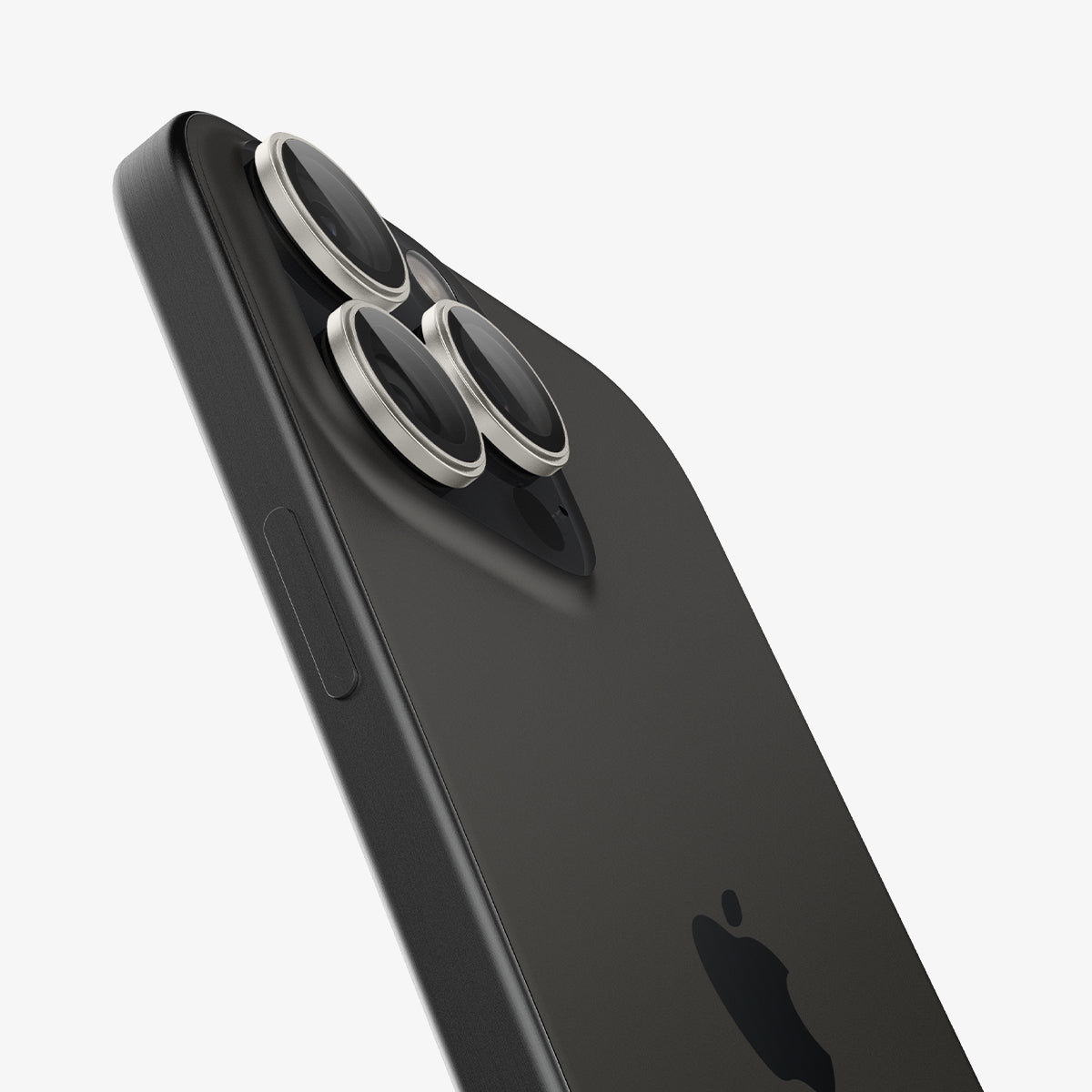 AGL08863 - iPhone 16 Pro Max / iPhone 16 Pro Optik Pro EZ Fit Lens Protector in Bright Silver showing the back and side zoomed in on the camera lens