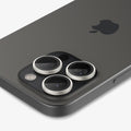 AGL08863 - iPhone 16 Pro Max / iPhone 16 Pro Optik Pro EZ Fit Lens Protector in Bright Silver showing the back, side and top zoomed in on the camera lens
