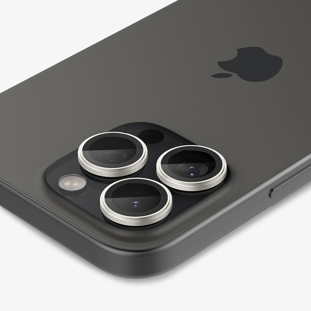 AGL08863 - iPhone 16 Pro Max / iPhone 16 Pro Optik Pro EZ Fit Lens Protector in Bright Silver showing the back, side and top zoomed in on the camera lens