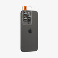 AGL08862 - iPhone 16 Pro Max Optik Pro EZ Fit Lens Protector in Desert Titanium showing the back and partial side with ez fit tray installed onto the camera lens