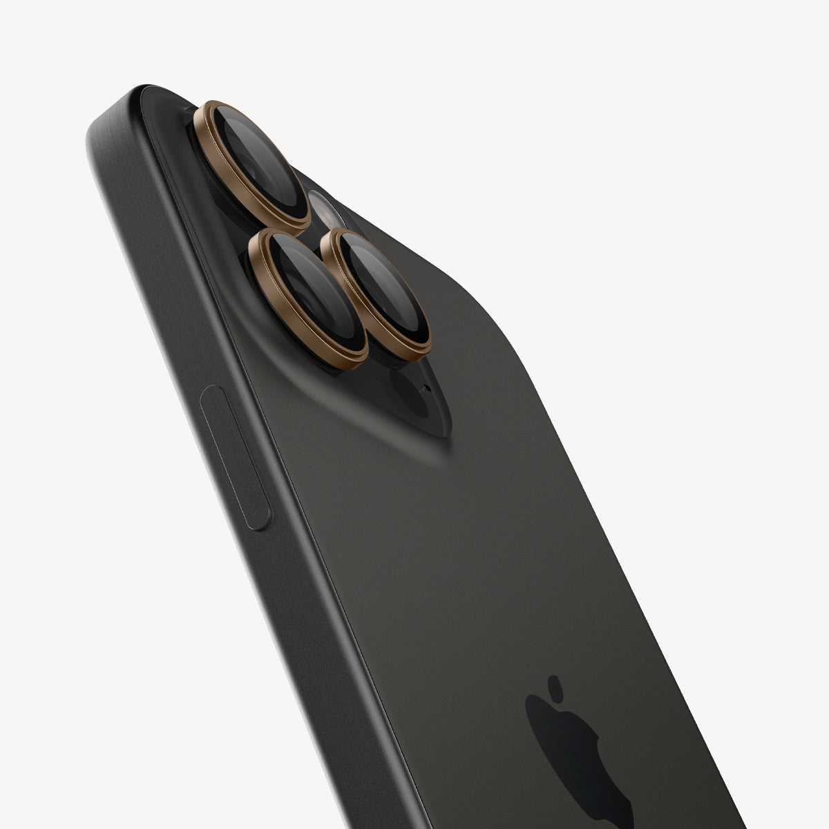 AGL08862 - iPhone 16 Pro Max Optik Pro EZ Fit Lens Protector in Desert Titanium showing the back and side zoomed in on the camera lens