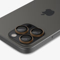 AGL08862 - iPhone 16 Pro Max Optik Pro EZ Fit Lens Protector in Desert Titanium showing the back, side and top zoomed in on the camera lens