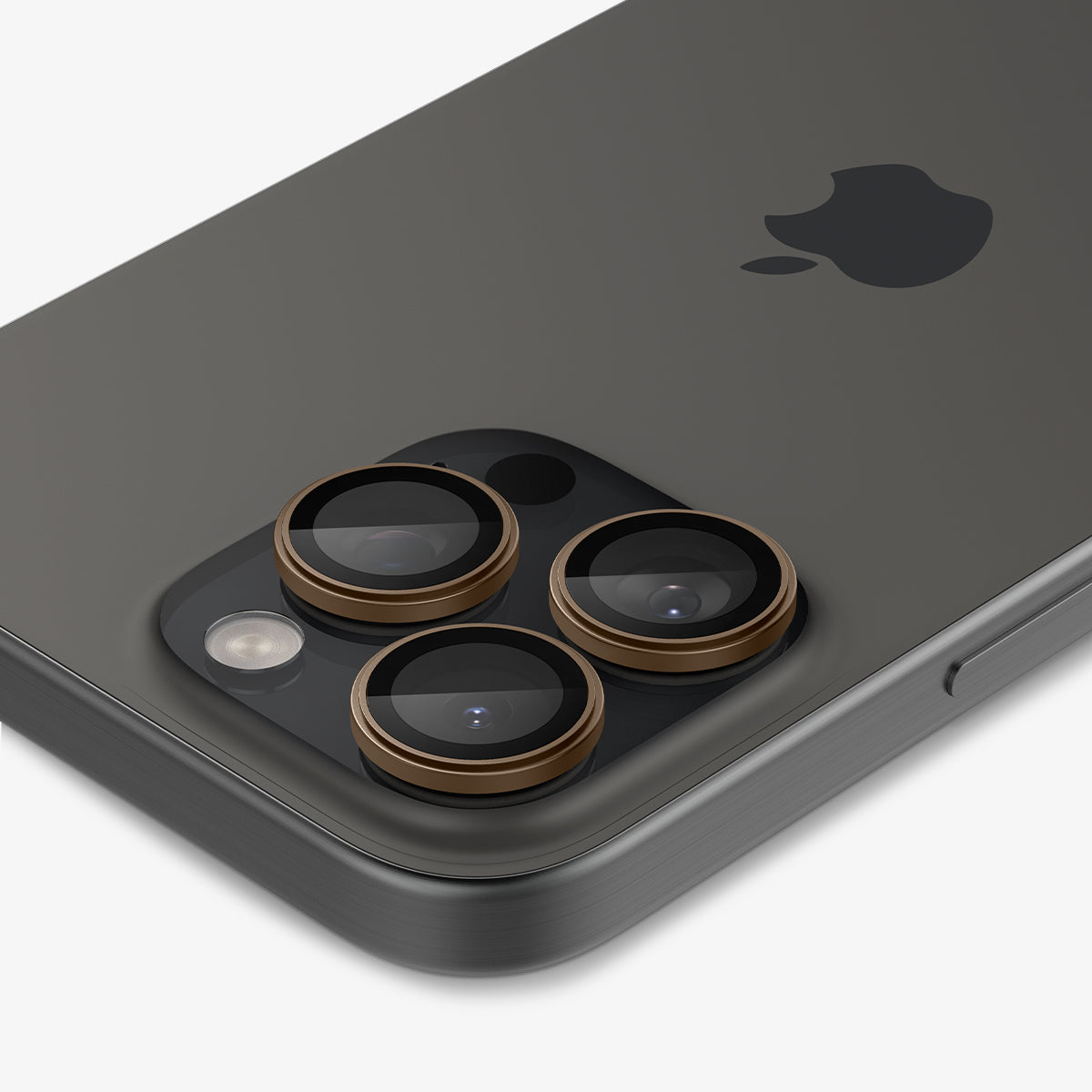 AGL08862 - iPhone 16 Pro Max Optik Pro EZ Fit Lens Protector in Desert Titanium showing the back, side and top zoomed in on the camera lens