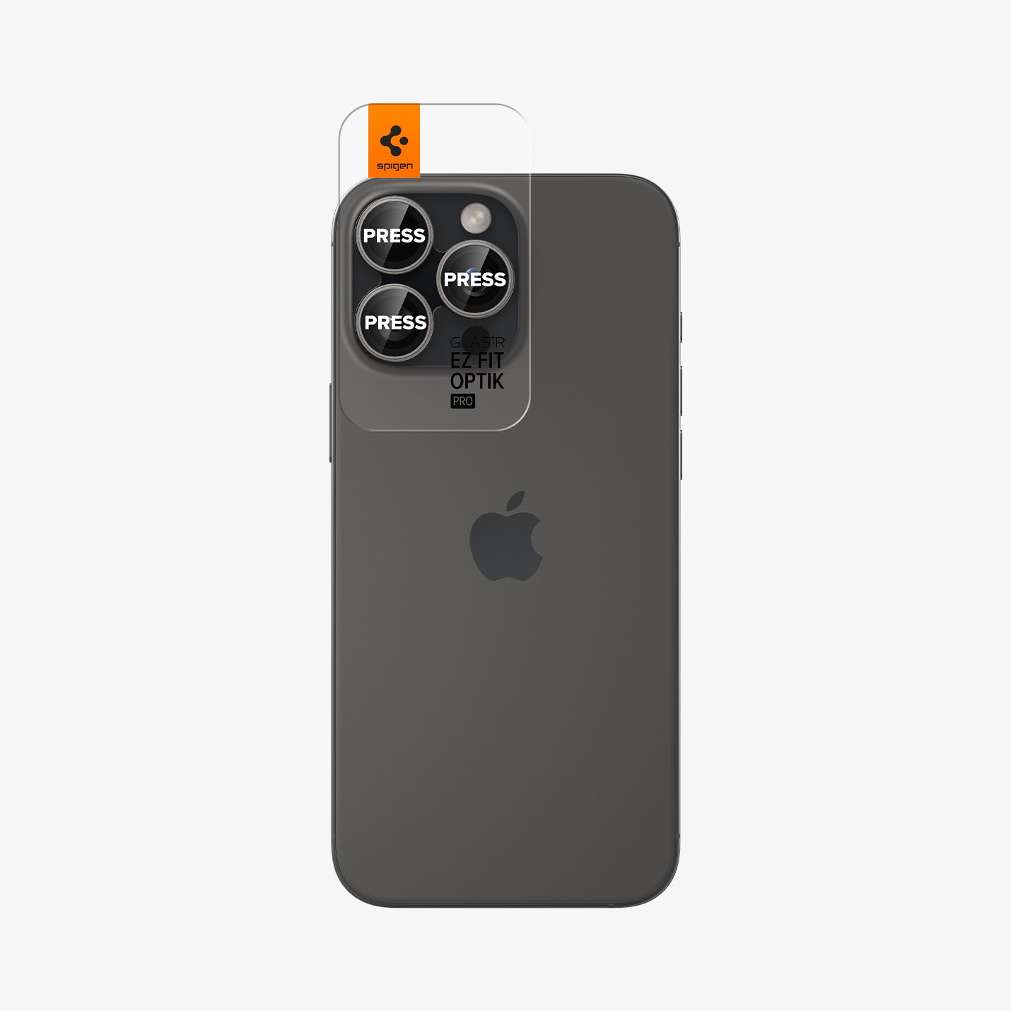 AGL08864 - iPhone 16 Pro Max / iPhone 16 Pro Optik Pro EZ Fit Lens Protector in Titanium showing the back and partial side with ez fit tray installed onto the camera lens