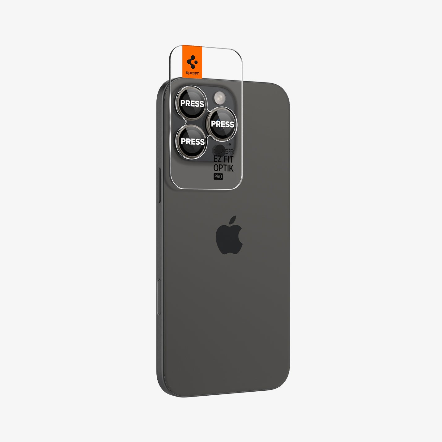 AGL08864 - iPhone 16 Pro Max / iPhone 16 Pro Optik Pro EZ Fit Lens Protector in Titanium showing the back and partial side with ez fit tray installed onto the camera lens