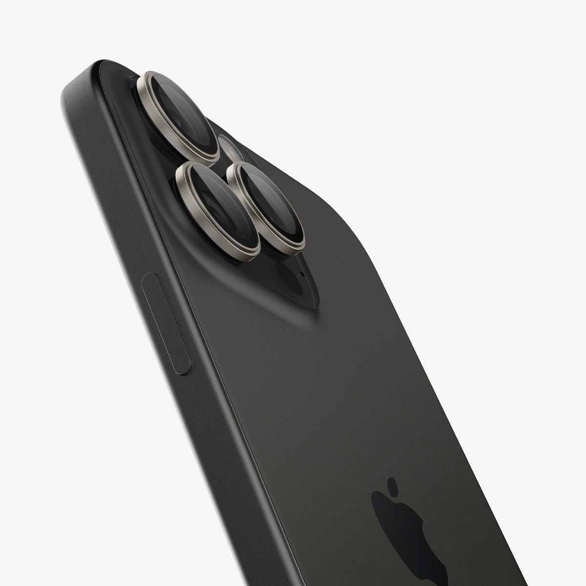 AGL08864 - iPhone 16 Pro Max / iPhone 16 Pro Optik Pro EZ Fit Lens Protector in Titanium showing the back and side zoomed in on the camera lens