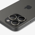 AGL08864 - iPhone 16 Pro Max / iPhone 16 Pro Optik Pro EZ Fit Lens Protector in Titanium showing the back, side and top zoomed in on the camera lens