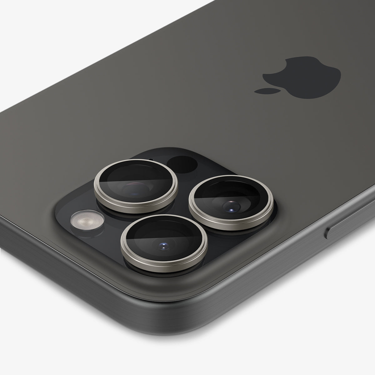 AGL08864 - iPhone 16 Pro Max / iPhone 16 Pro Optik Pro EZ Fit Lens Protector in Titanium showing the back, side and top zoomed in on the camera lens
