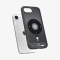 ACS09146 - iPhone 16e Case Ultra Hybrid Classic (MagFit) in Classic Black showing the back, partial side and bottom hovering above the device
