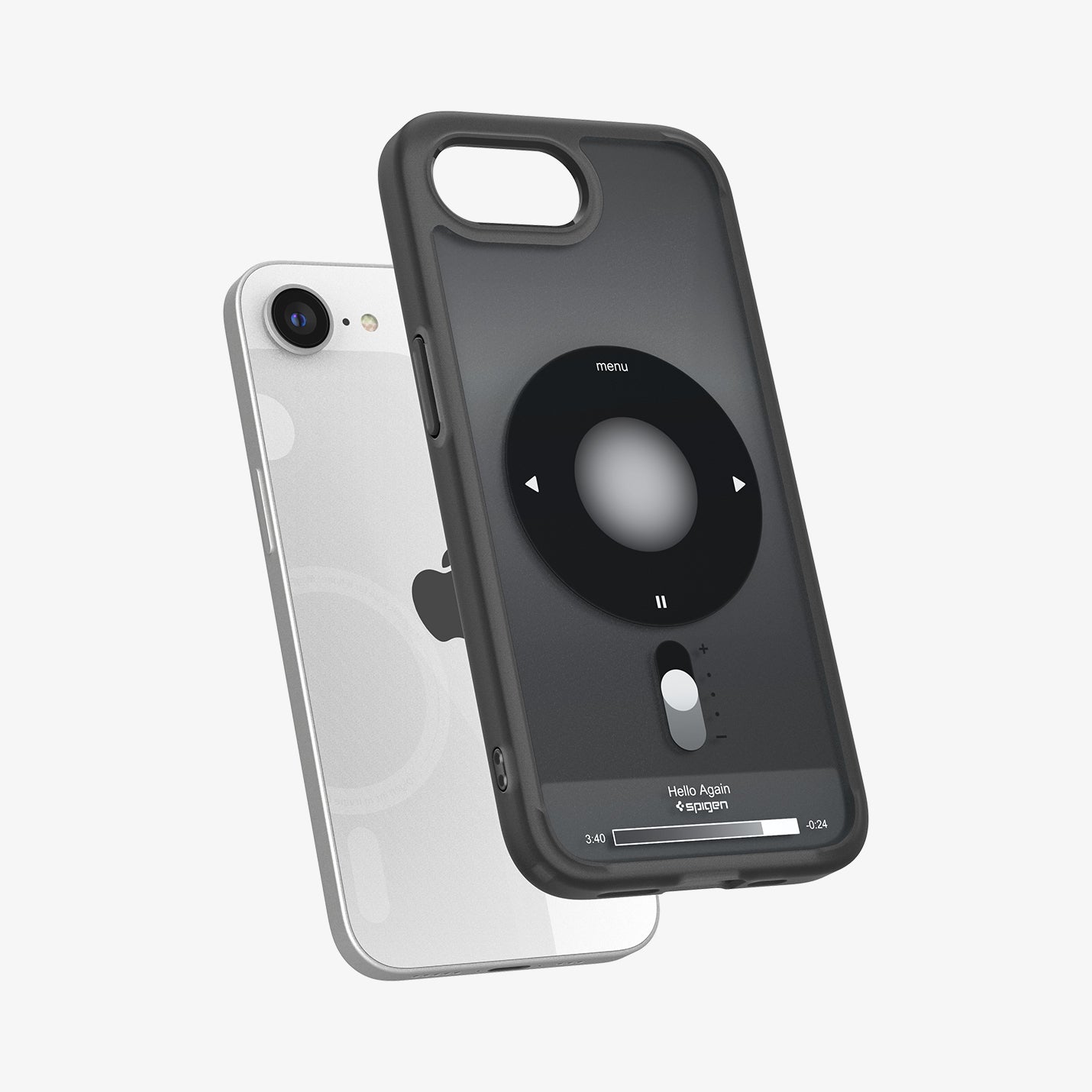 ACS09146 - iPhone 16e Case Ultra Hybrid Classic (MagFit) in Classic Black showing the back, partial side and bottom hovering above the device