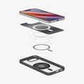 ACS09146 - iPhone 16e Case Ultra Hybrid Classic (MagFit) in Classic Black showing the device, hovering above the detached inner layer, metal ring parts, and the case