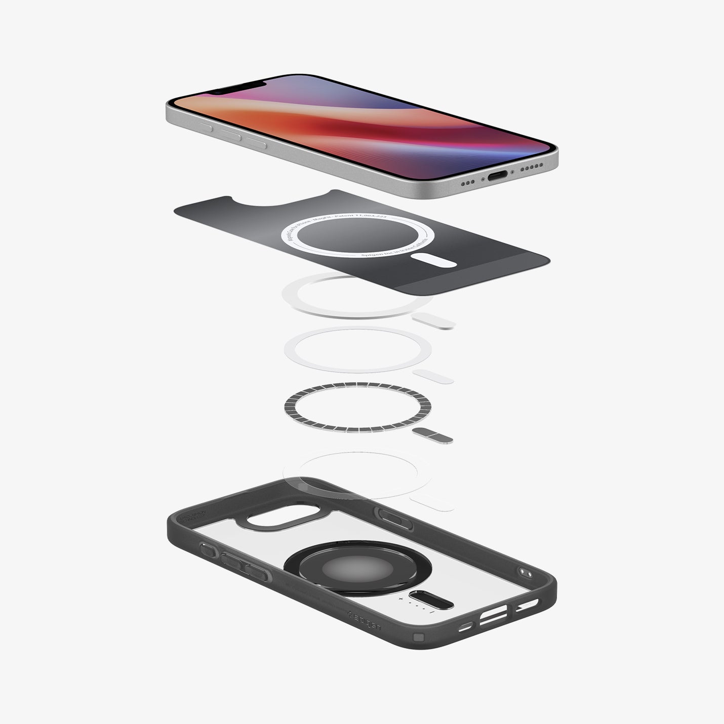 ACS09146 - iPhone 16e Case Ultra Hybrid Classic (MagFit) in Classic Black showing the device, hovering above the detached inner layer, metal ring parts, and the case