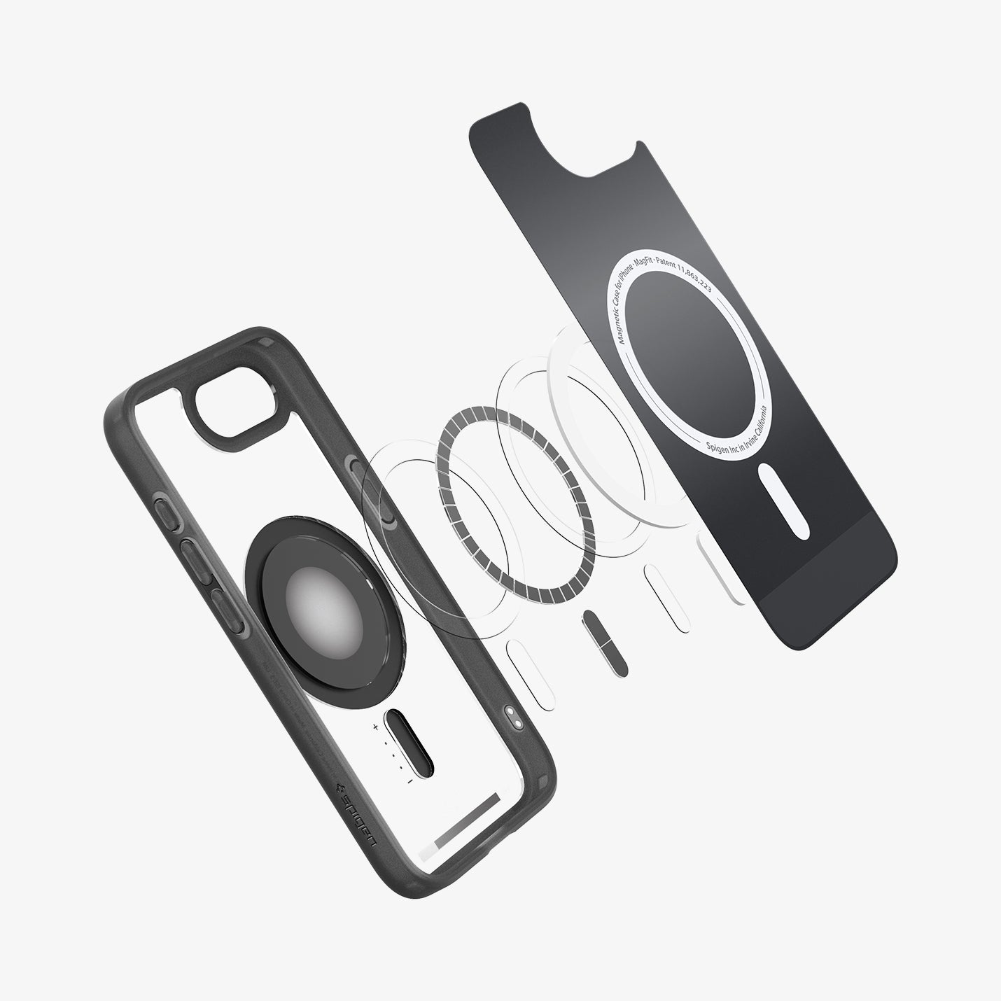 ACS09146 - iPhone 16e Case Ultra Hybrid Classic (MagFit) in Classic Black showing the inner layer hovering in front of the detached metal ring - parts and the case