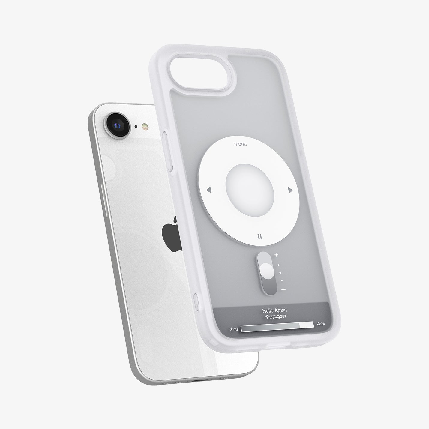 ACS09147 - iPhone 16e Case Ultra Hybrid Classic (MagFit) in Classic Silver showing the back, partial side and bottom hovering above the device