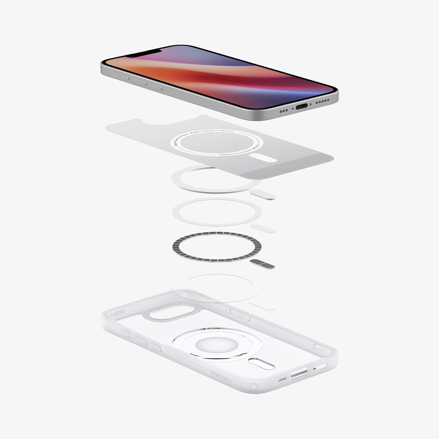 ACS09147 - iPhone 16e Case Ultra Hybrid Classic (MagFit) in Classic Silver showing the device, hovering above the detached inner layer, metal ring parts, and the case