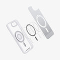 ACS09147 - iPhone 16e Case Ultra Hybrid Classic (MagFit) in Classic Silver showing the inner layer hovering in front of the detached metal ring - parts and the case