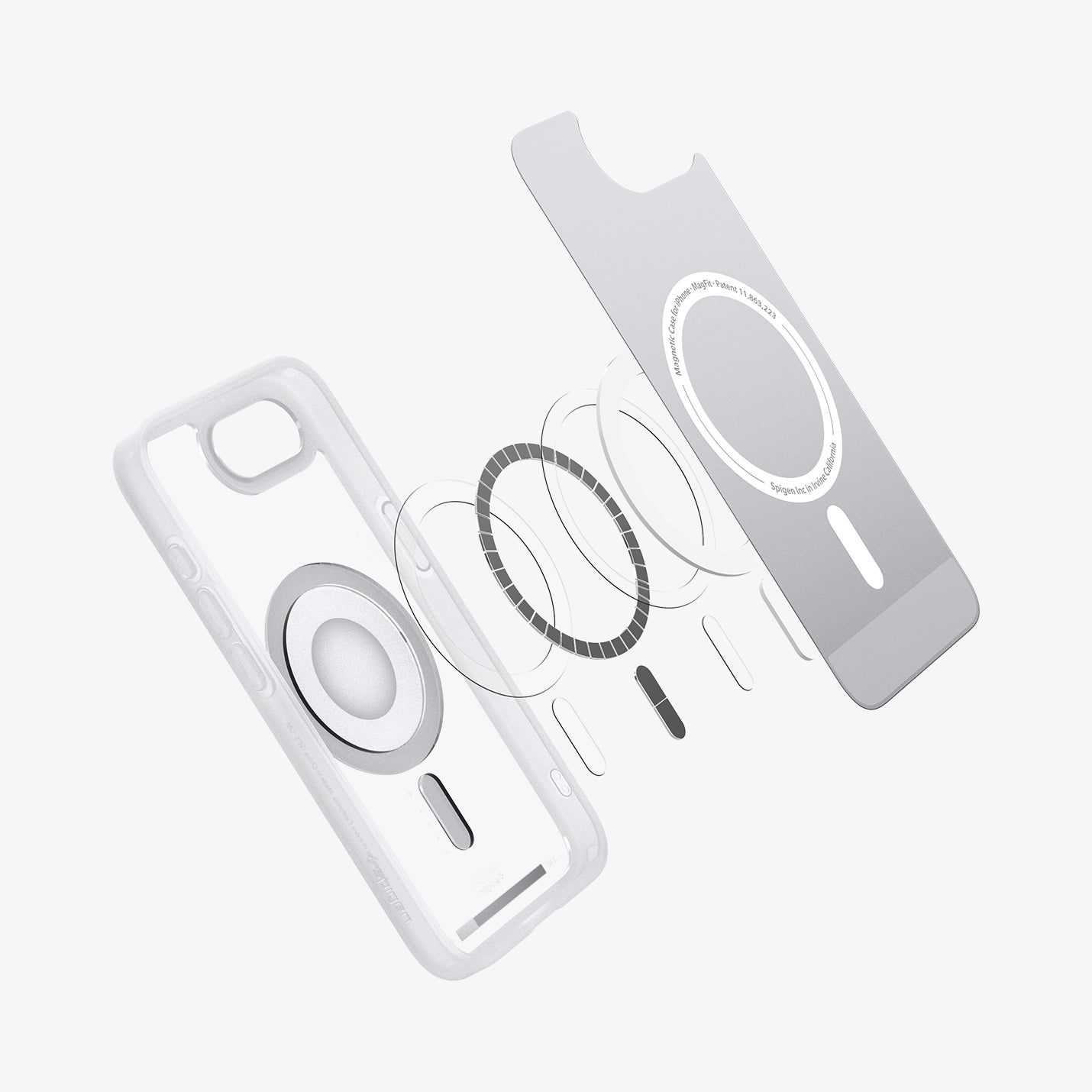 ACS09147 - iPhone 16e Case Ultra Hybrid Classic (MagFit) in Classic Silver showing the inner layer hovering in front of the detached metal ring - parts and the case