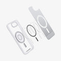 ACS09147 - iPhone 17e Case Ultra Hybrid Classic (MagFit) in Classic Silver showing the inner layer hovering in front of the detached metal ring - parts and the case