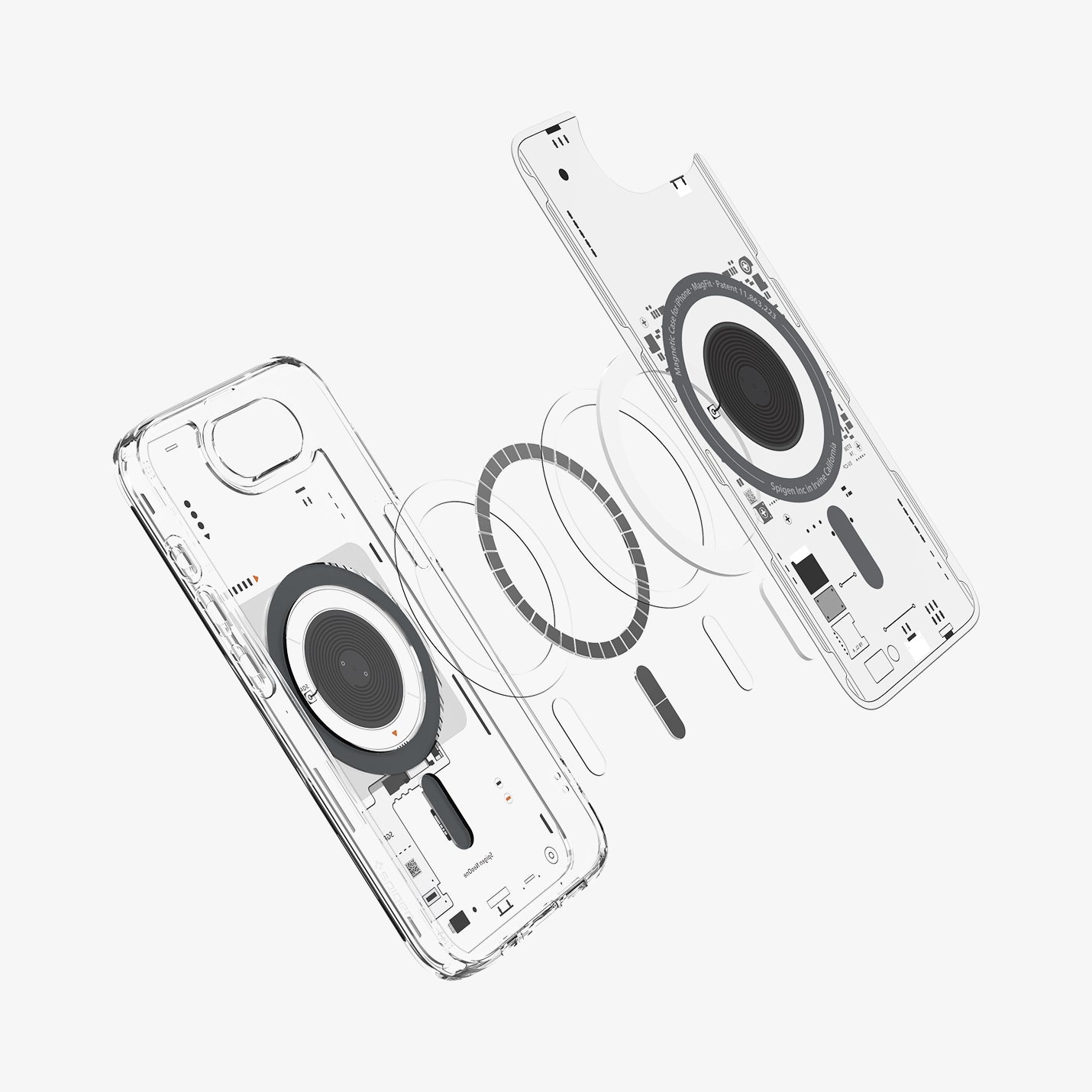 ACS09143 - iPhone 17e Case Ultra Hybrid Neo One (MagFit) in Neo One showing the inner layer hovering above the metal ring parts and the case