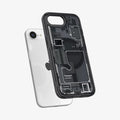 ACS09141 - iPhone 16e Case Ultra Hybrid Zero One (MagFit) in Zero One showing the back and partial side hovering in front of the device